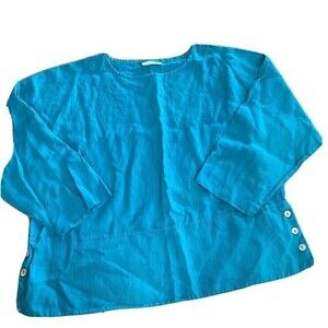 Bryn Walker Artist Light Linen Long Sleeve Side Button Trim Shirt Blue Top Large